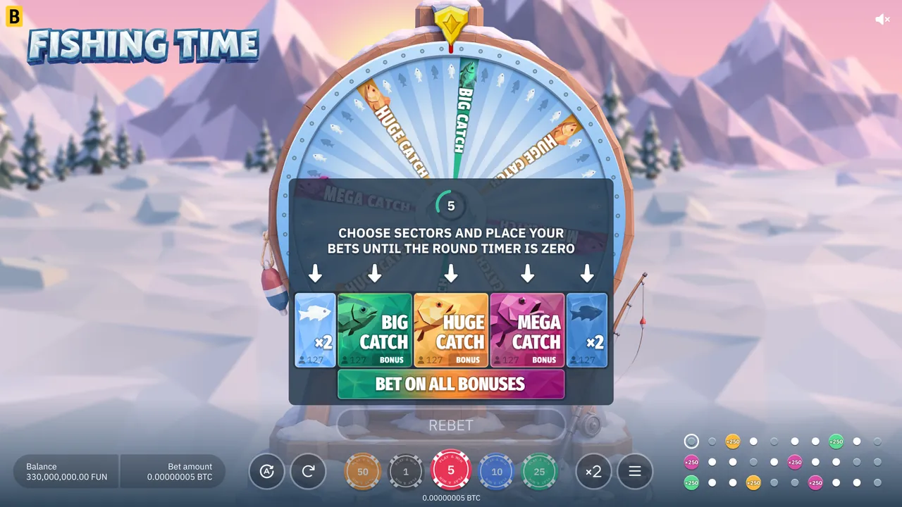 Fishing Time slot demo interface showing Big, Huge and Mega Catch sector cards